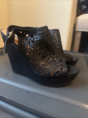 Not Rated Black Laser-Cut Peep-Toe Wedge Sandals
